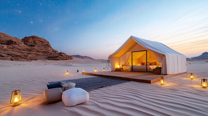 Luxury desert camp with cozy tents, lanterns, and starry sky creates serene atmosphere