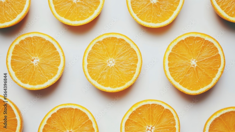 Aufkleber flat lay of halved oranges arranged in a repeating pattern on a white background.