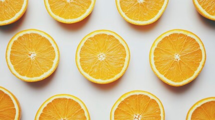 Fototapeta premium Flat lay of halved oranges arranged in a repeating pattern on a white background.