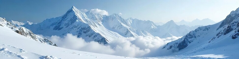 Naklejka premium Dramatic Winter Blizzard Engulfs Majestic Snow-Covered Mountain Peaks, Creating a Powerful and Mysterious Landscape