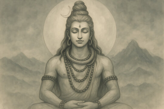 Tranquil monochrome depiction of meditating lord shiva seated in lotus pose with crescent moon and mountain backdrop mahadev sawan spiritual art