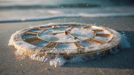 Time's Tide A Clock Washed Ashore by Ocean Waves