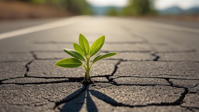 Green Plant Sprouting from Cracked Asphalt