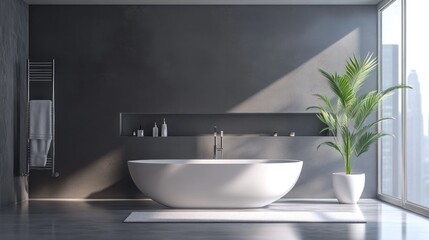 Modern minimalist bathroom interior with white tub, dark walls, and natural light creating a serene and elegant space