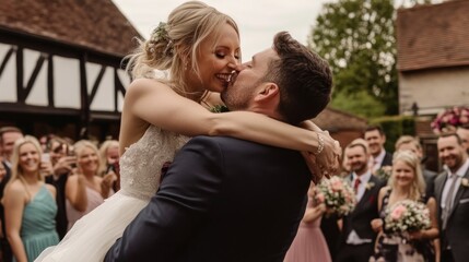 Joyful Wedding Celebration, Groom Lifts Bride in Blissful Embrace Amidst Cheering Guests