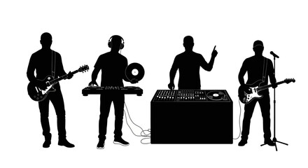 Silhouettes of Musicians Guitarist, Keyboardist, DJ, and Singer