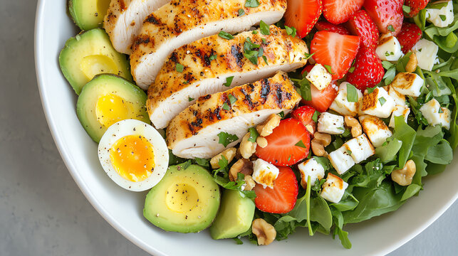 Grilled Chicken Strawberry Salad: A vibrant and healthy grilled chicken salad featuring juicy strawberries, creamy avocado, crumbled feta cheese, and crunchy walnuts.