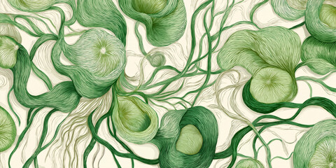 Abstract Green Organic Forms Intricate Botanical Illustration