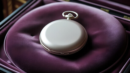 Elegant silver pocket watch sits nestled within a plush purple velvet box, suggesting timekeeping and antique charm.
