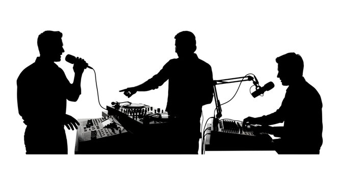 Radio Show Hosts Broadcasting Live Silhouettes of Three Men in a Studio