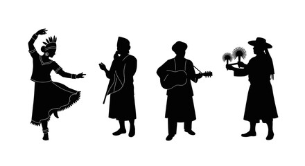 Silhouette Illustrations of Diverse Cultural Performers Dancers, Musicians, and Storytellers