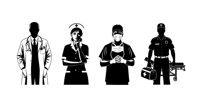 Essential Medical Professionals Doctor, Nurse, Surgeon, Paramedic Silhouettes