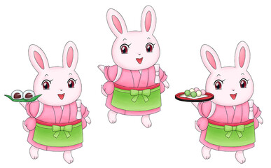 ウサギの和菓子屋店員のイラストセット