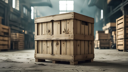 An aged wooden crate sits in a spacious warehouse, ready for storage and logistics with other crates visible.