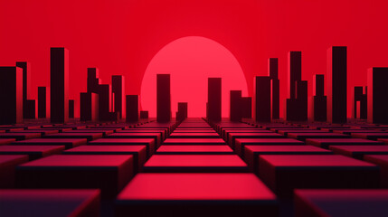 Red Sunset Over Minimalist Cityscape - Abstract 3D Render