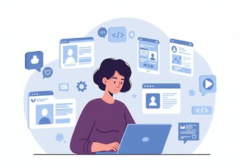 Woman using laptop with floating app windows, social media and coding icons