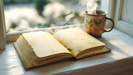 Cozy scene featuring an open book and a steaming mug of coffee by a bright window, perfect for relaxation.