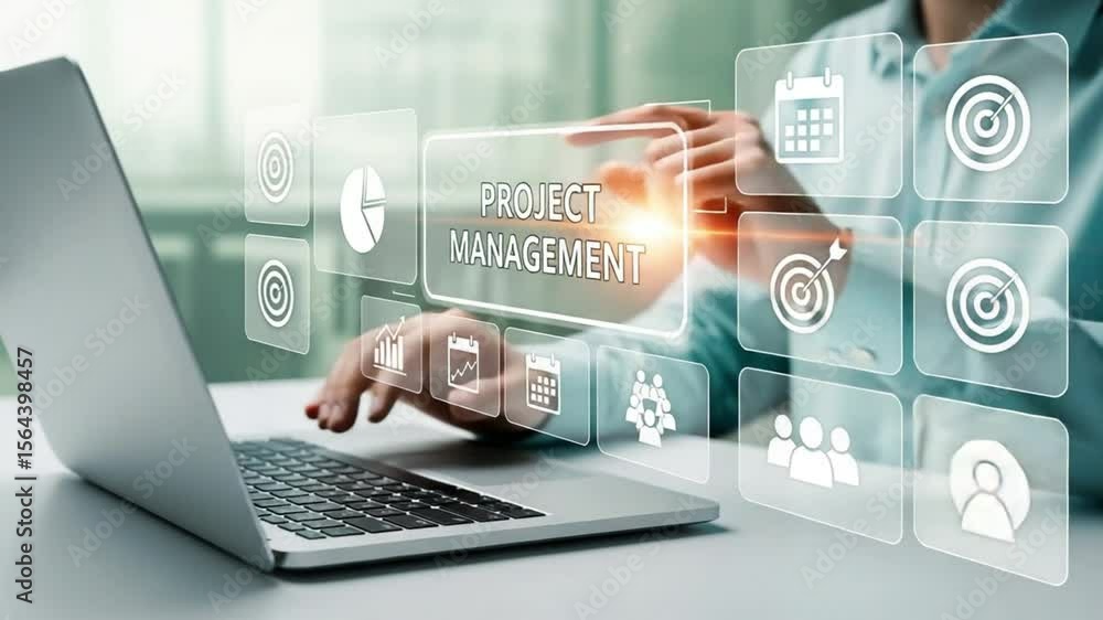 Poster person using laptop with project management interface and icon overlays on the screen display