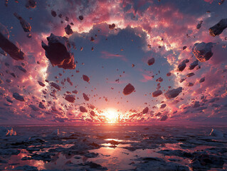 An abstract vision of the sun vanishing leaving earth crumbling into fragments floating in colorful cosmic clouds