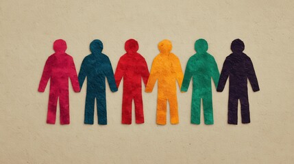 Six colorful paper cutout figures representing diversity and unity on a plain beige background.