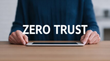 A person in a suit holds a tablet on a table with the bold text "ZERO TRUST" floating above, emphasizing cybersecurity or data protection.