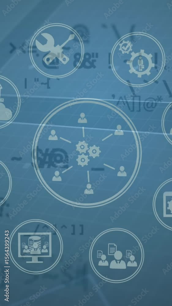 Poster animation of network of connections with icons and data processing over blue background
