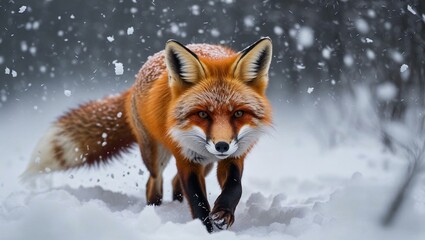 Fototapeta premium Majestic red fox wades through a snowy landscape during a winter snowfall, showing its vibrant fur and alert expression.