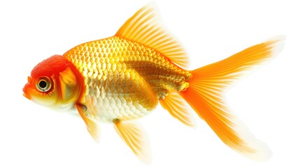 Fototapeta premium A goldfish is isolated on a clean white background, creating a simple yet captivating aquatic - related scene that showcases the vibrant color and graceful form of the goldfish.