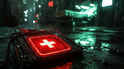 Glowing First Aid Kit on a Wet Street in a Dystopian Cyberpunk City