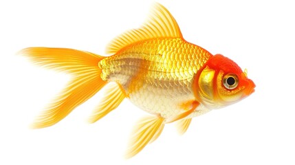 Obraz premium A goldfish is isolated on a clean white background, creating a simple yet captivating aquatic - related scene that showcases the vibrant color and graceful form of the goldfish.
