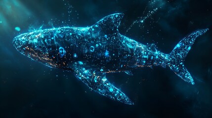 Digital Shark Predator Made of Glowing Data and Circuits in the Deep Web.