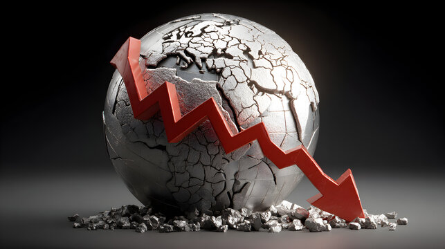Cracked globe with red arrow pointing down on a dark background showing economic decline and crisis