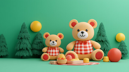 Adorable Teddy Bears Enjoying a Picnic in a Whimsical Forest Setting