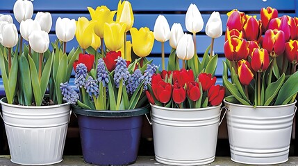 Vibrant assortment of tulips and grape hyacinths bloom in colorful pots on display
