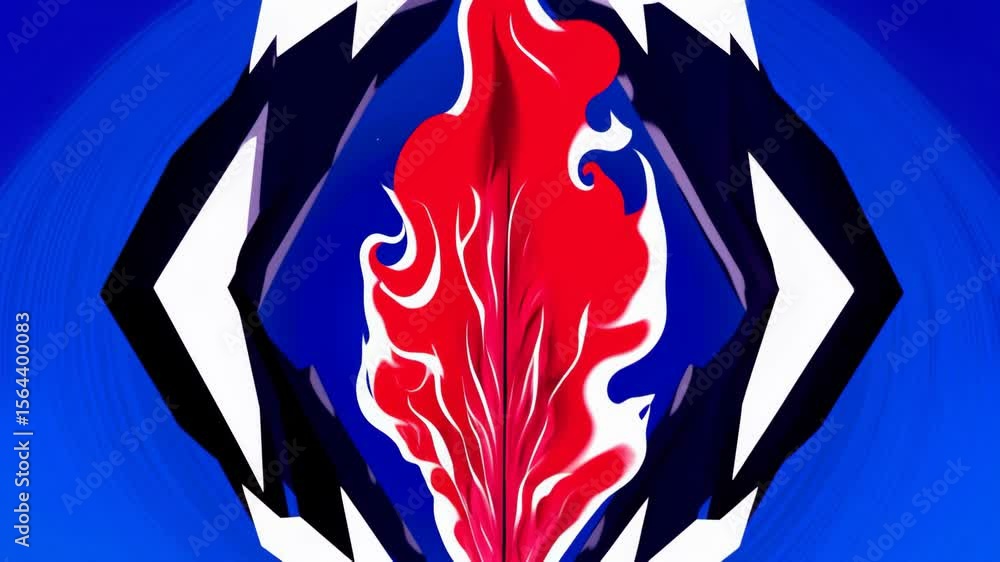 Poster a vibrant flame shape in red and white is set against a deep blue background. this 3d, 4k visual com