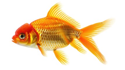 Fototapeta premium A goldfish is isolated on a clean white background, creating a simple yet captivating aquatic - related scene that showcases the vibrant color and graceful form of the goldfish.