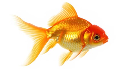 Fototapeta premium A goldfish is isolated on a clean white background, creating a simple yet captivating aquatic - related scene that showcases the vibrant color and graceful form of the goldfish.