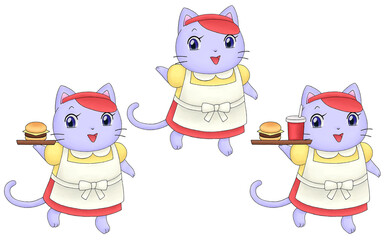 ネコのハンバーガーショップ店員のイラストセット