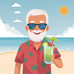 Elderly man enjoying a refreshing mojito cocktail on a sunny beach, wearing sunglasses and a tropical shirt, surrounded by ocean waves and fluffy clouds, embodying summer relaxation