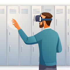 Fototapeta premium Teacher wearing VR headset interacts with virtual environment in school hallway, surrounded by lockers, showcasing immersive technology for educational experiences and back-to-school excitement