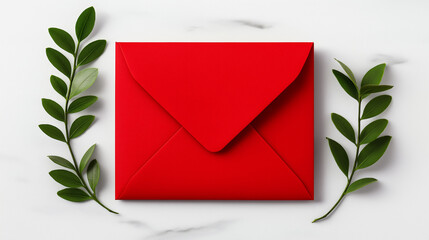 Red Envelope with Green Branches on Marble Background - Minimalist Stationery Mockup