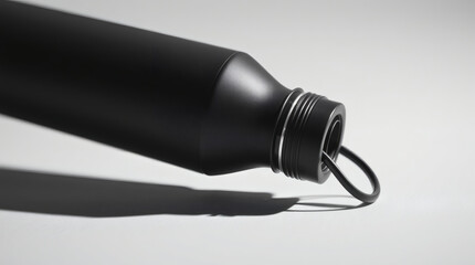 Fototapeta premium Close-up shot of a sleek black water bottle with a minimalist design against a white background.
