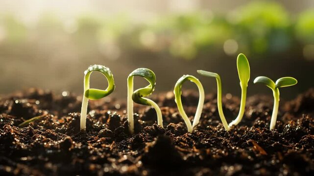 Creative time lapse of seedlings sprouting from moist soil to form the word SPROUT under warm morning sunlight