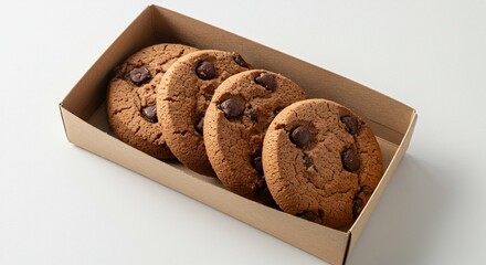 A rustic gift box with four delicious chocolate chip cookies neatly arranged inside. The cookies are golden-brown, soft and chunky, with visible melted chocolate chips. The box is made of kraft paper 