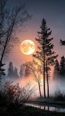 Misty forest at moonrise