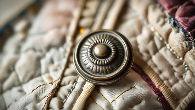 Antique bronze button embellishes a quilted jacket, showcasing craftsmanship and vintage style with intricate stitching and subtle textures.