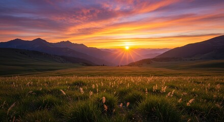 Majestic sunset over rolling hills and mountains, with vibrant colors illuminating the sky