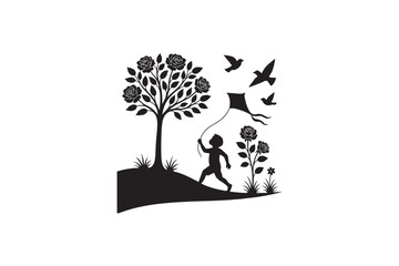 Bird Summer Rose Tree silhouette on white background.01