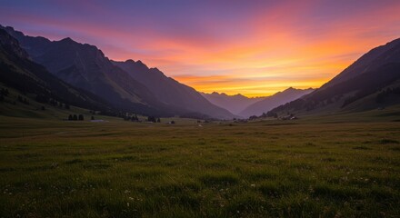 Serene sunset over a vast green meadow surrounded by majestic mountains, evoking tranquility