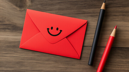 Happy Red Envelope with Colored Pencils on Wooden Table
